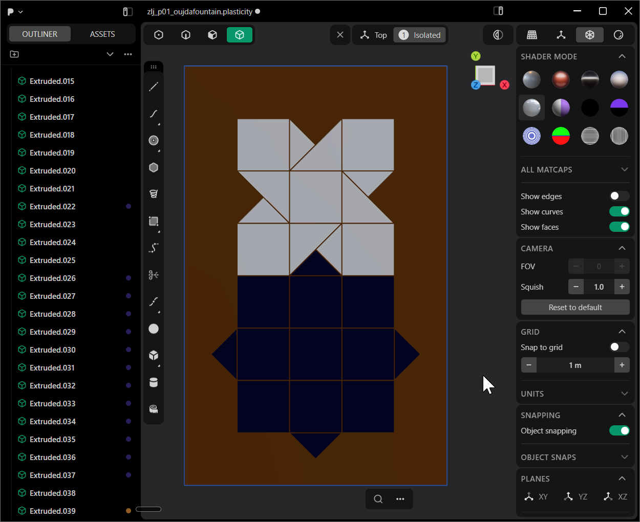 Early Plasticity tile development showing individual blue and white geometric pieces
