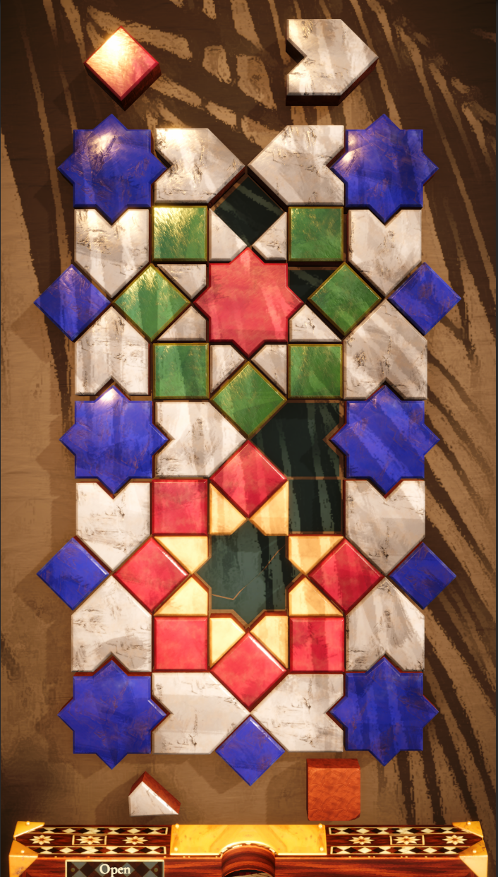 Pieces of Home Fountain gameplay with a blue, ivory, green, and red zellige mosaic and repair tray
